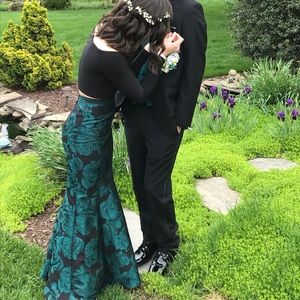 two piece green and black floral prom dress